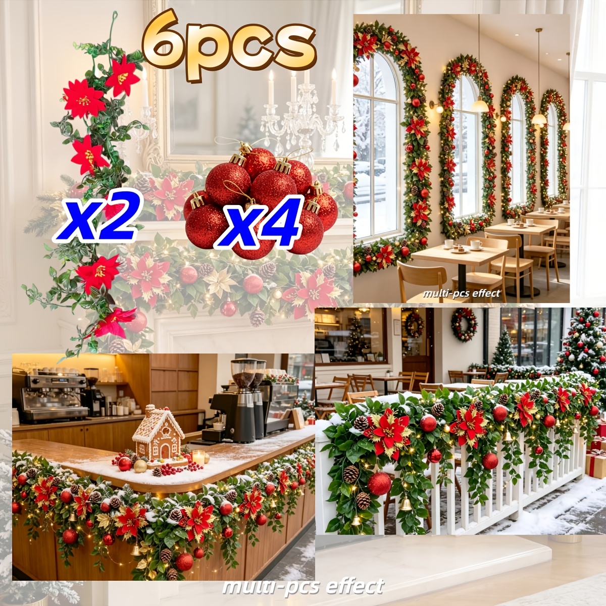 TEMU 6pcs Large Christmas Red Rose Artificial Flower Vines, (2pcs Flower Vines And 4pcs Ornaments), Christmas Holiday Decorations, Suitable For Home