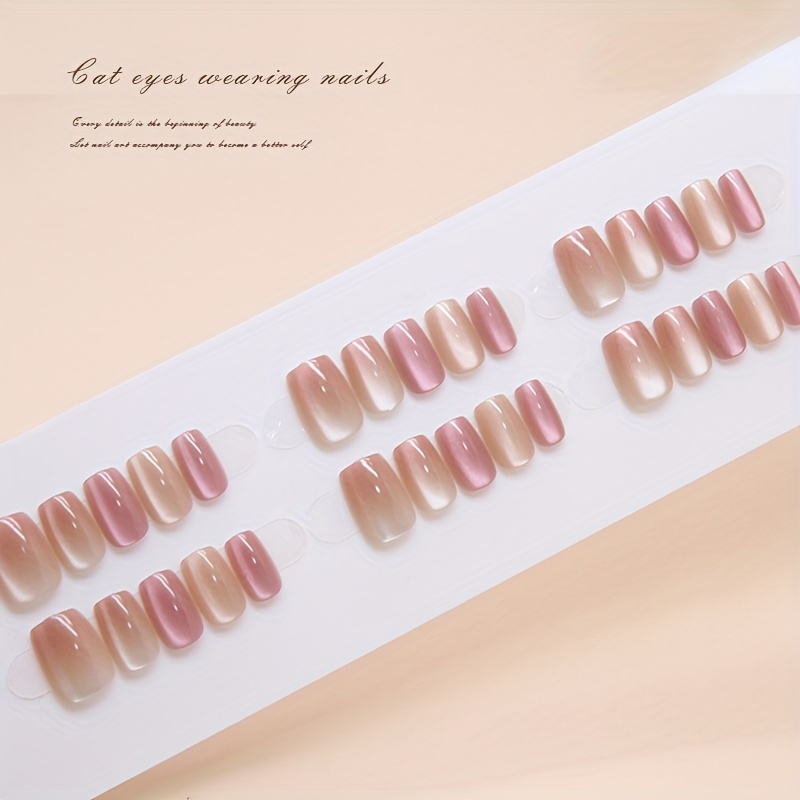 30pcs Press-on Nails, Ice Transparent Cat Eye Gradient Short Square Nail Tips, Includes A Nail File And Jelly Glue