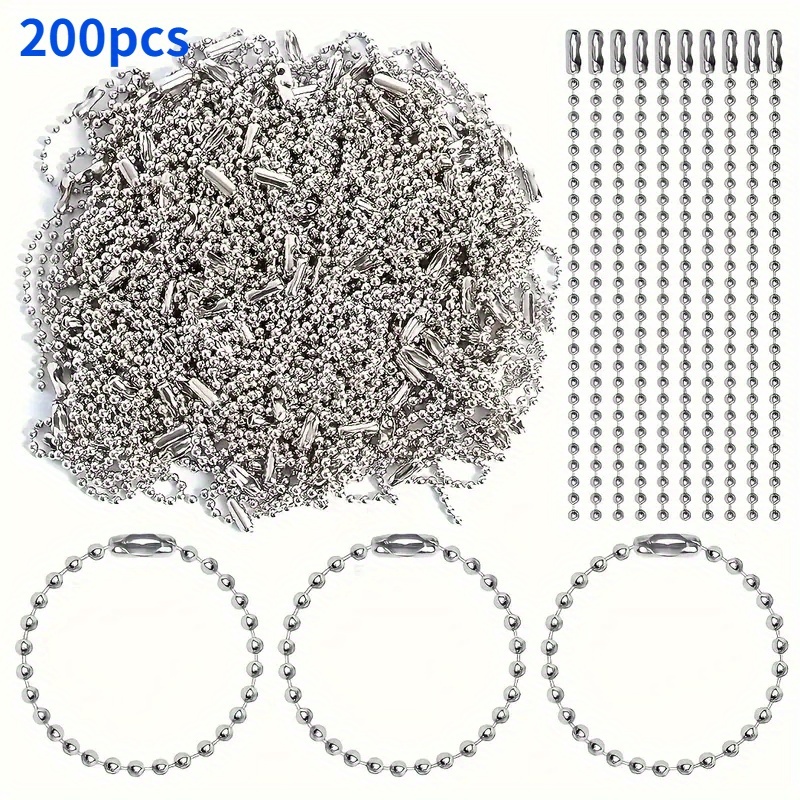 TEMU Lot de 200 chaînes à billes ton argenté avec connecteurs à billes, chaîne de perles métalliques pour fabrication de porte-clés DIY, étiquettes