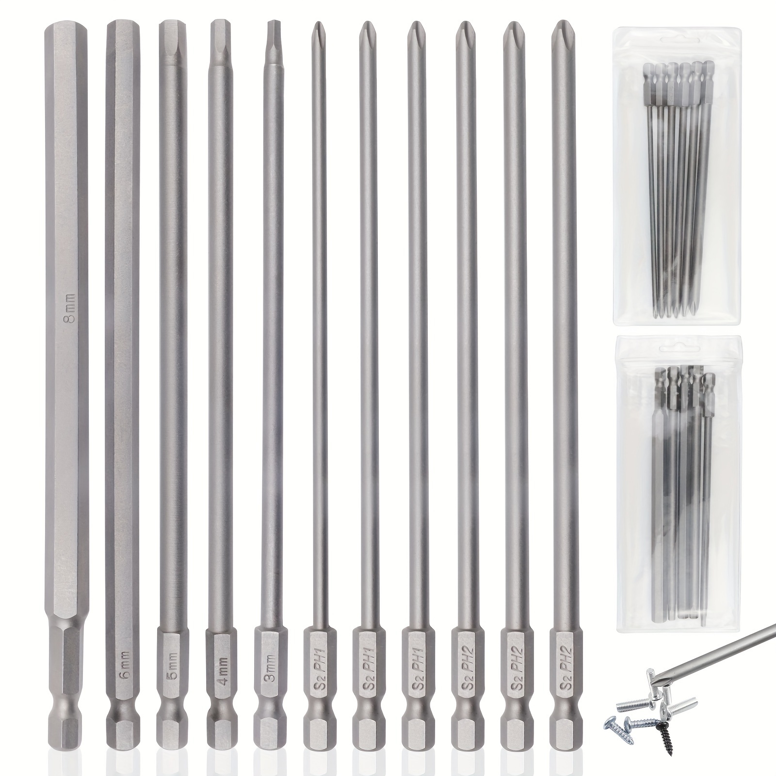 

Jeu de 11 Embouts de Tournevis Magnétiques, Longueur de 6" avec Tige Hexagonale de 1/4" - Embouts PH1 & PH2 pour Perceuses Électriques, Acier S2 , Revêtement Anti-Rouille