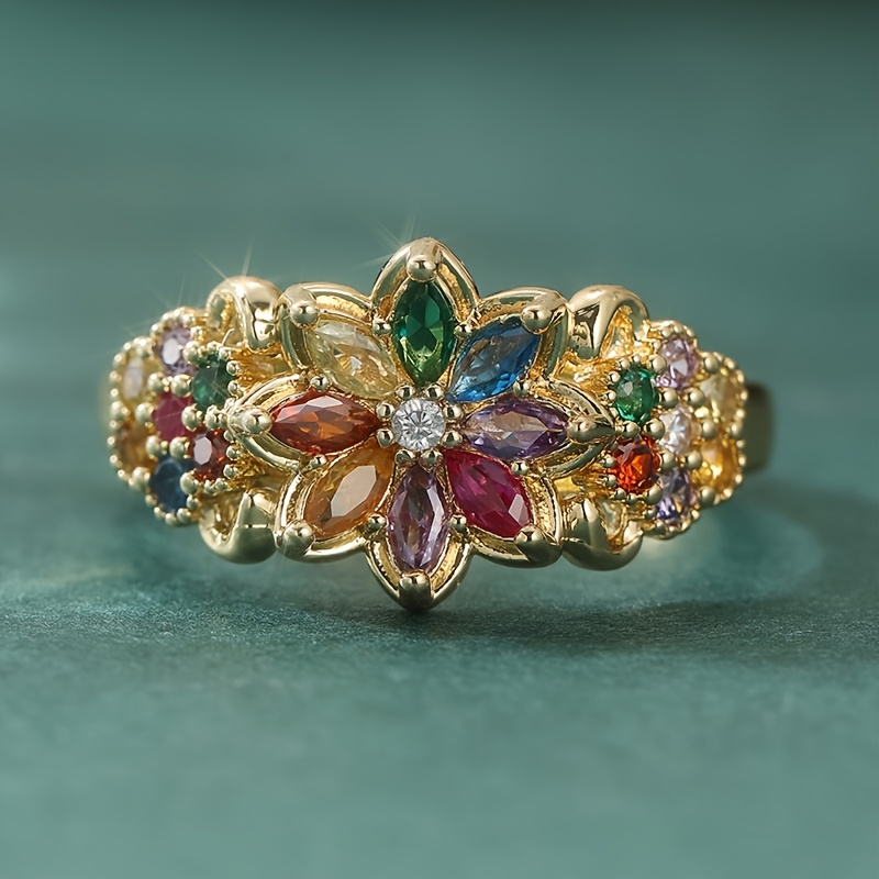 TEMU Fashion Synthetic Cubic Zirconia Flower Row Ring - Colorful Floral Cluster Band For Women, Thoughtful Gift For Birthday Valentine's Day