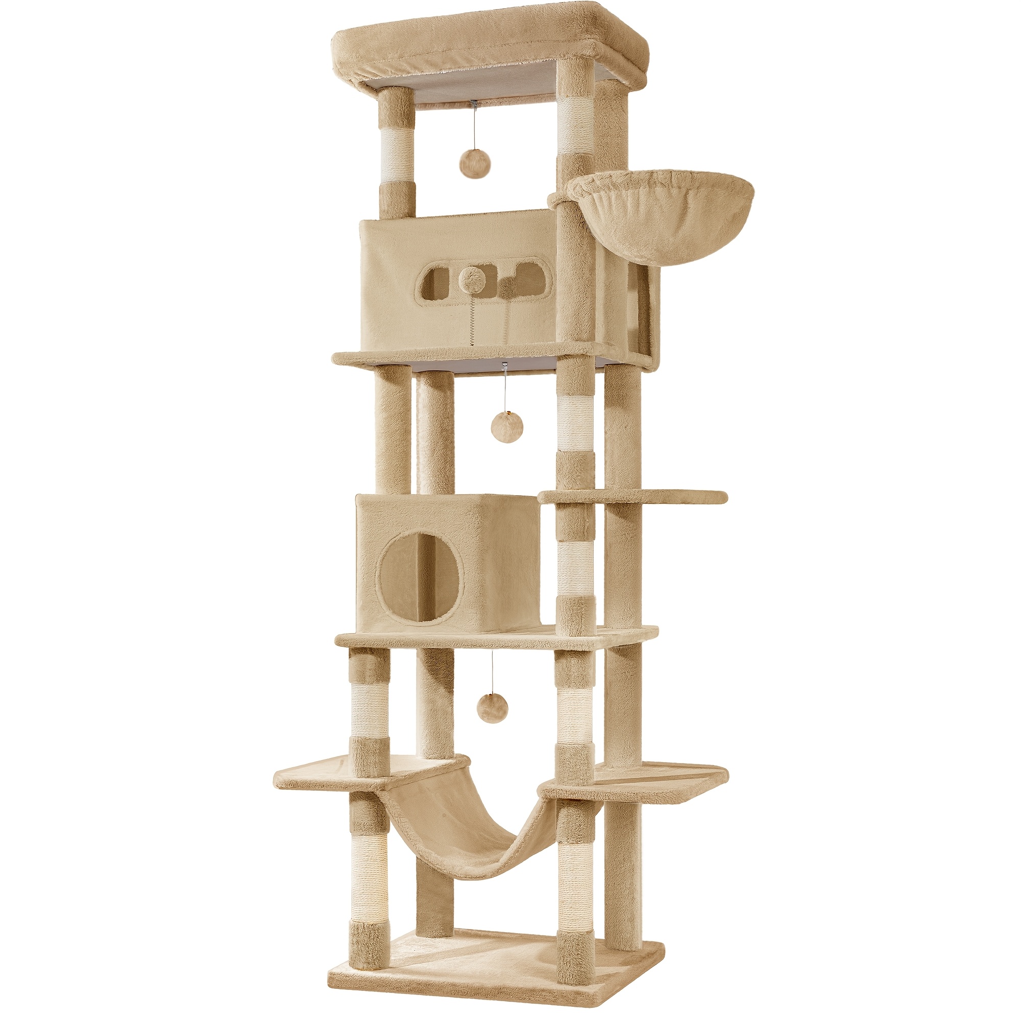Large Cat Tree, 210cm Tall, With 8 Scratching Posts, 2 Cat Beds, A Large Platform, A Washable Mat, A Hammock, Plush Balls, Cat Tree, Camel Brown