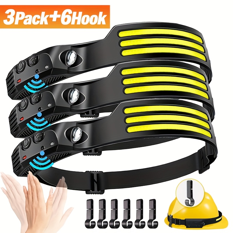 TEMU 3pcs Rechargeable Headlamp + 6 Hooks Set, 230° Head Lamp, Motion Sensor Cob& Rechargeable, 5 Mode Headlamps For Adults, Bright Head Lights For