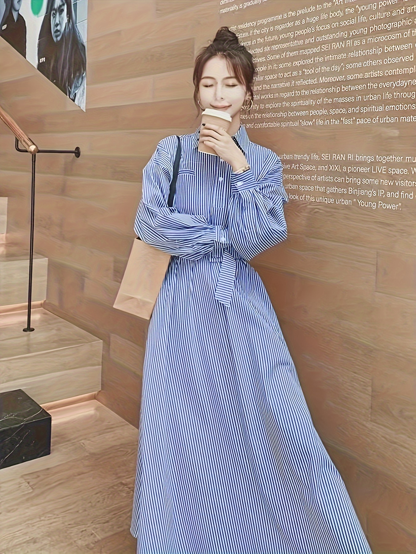 women's elegant blue white striped long sleeve shirt dress Temu