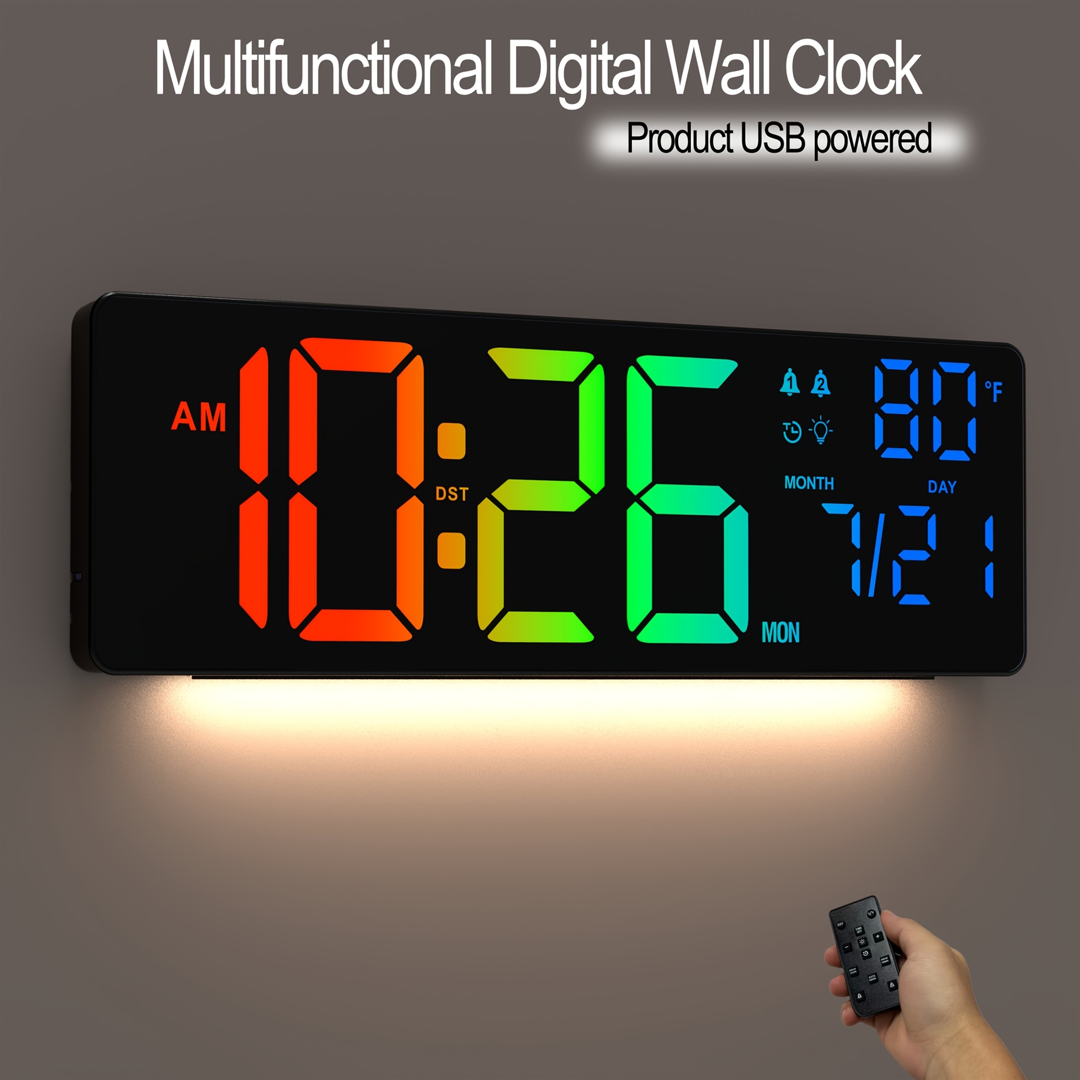 1pc 16 3 inch multifunctional large digital wall clock 7 rgb single colors 4 rgb gradient colors dual alarms with date and temperature display suitable for home decoration kitchen decoration and other settings Product details 1
