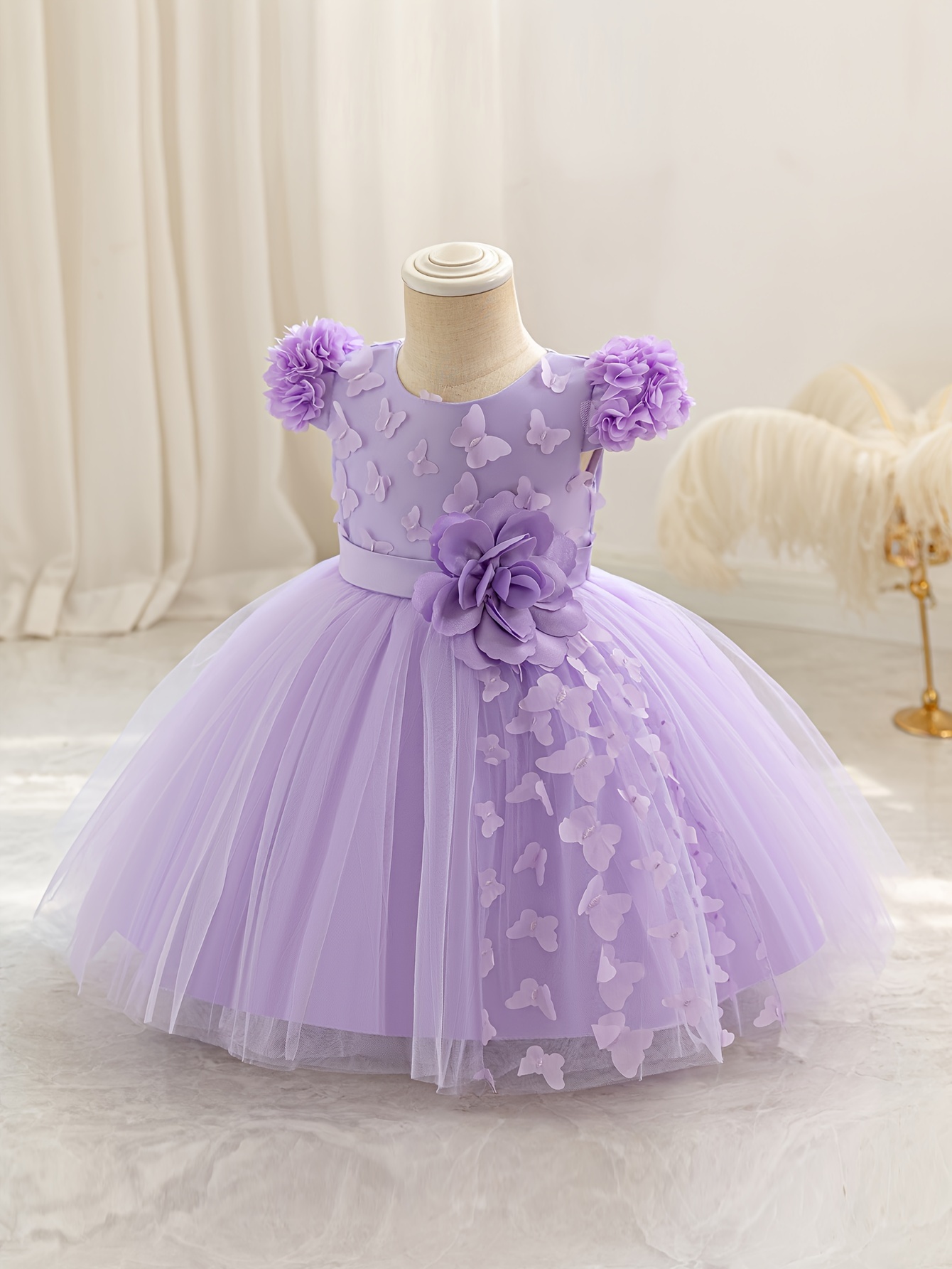 strapless open back dress Powder Blue Satin & Tulle Flower Girl Dress with Off-Shoulder Neckline main image 0