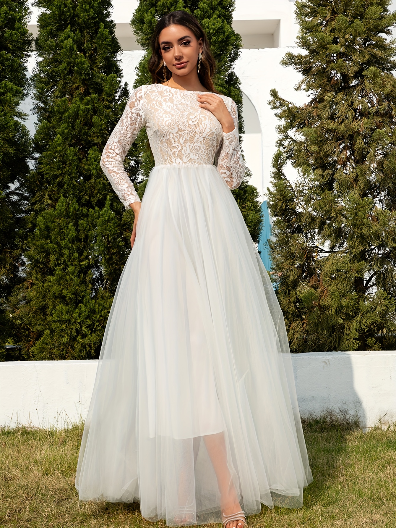2025 new elegant sheer lace overlay long sleeve a line - Temu Mauritius