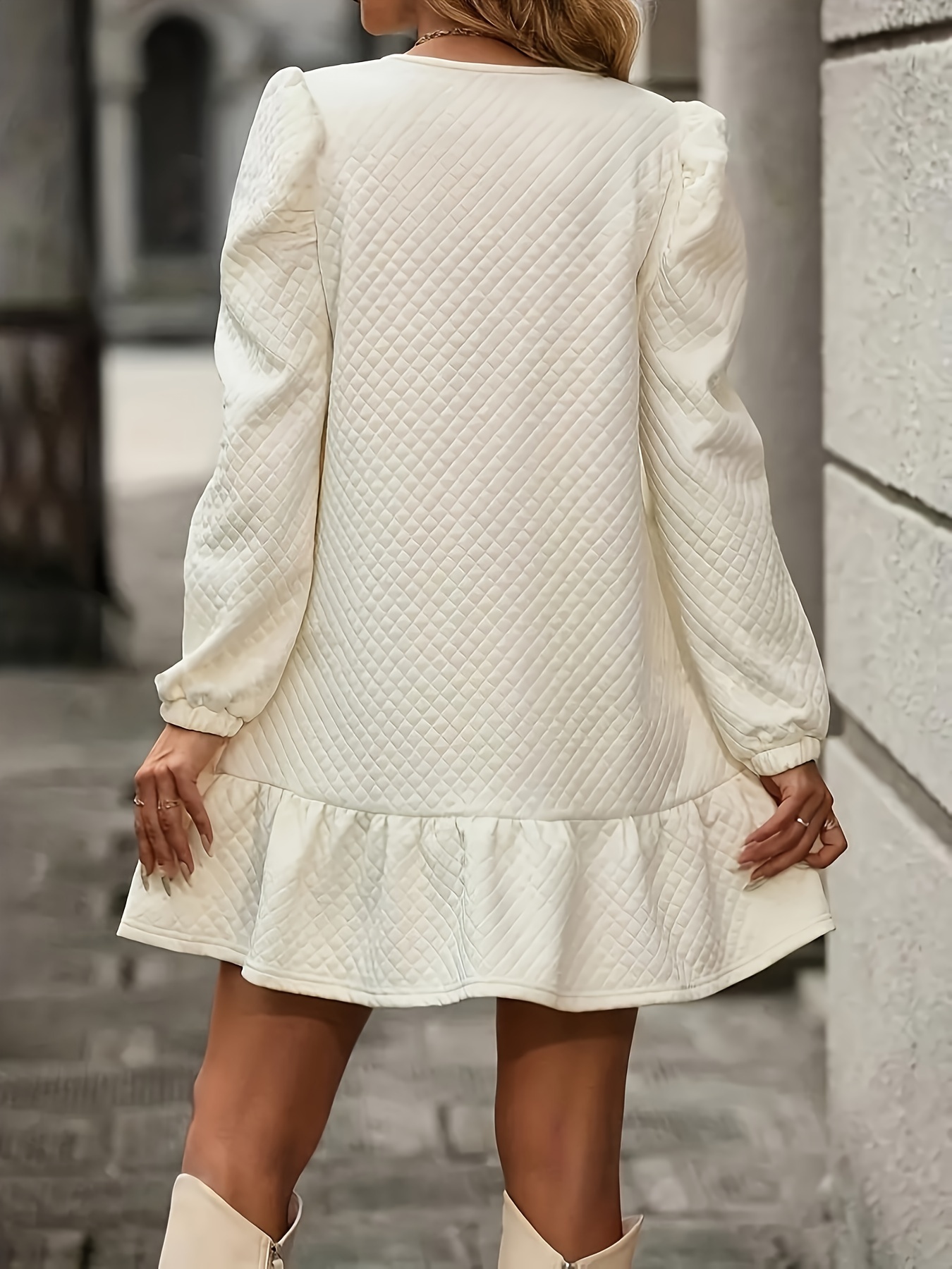 navy blue dress for baby girl Smocked Bodice Square Neck Long Sleeve Dress for Women Knee Length main image 1