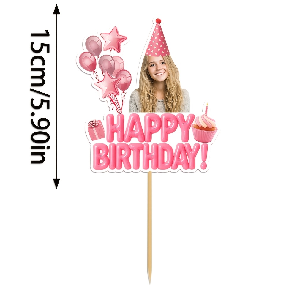 TEMU 1pc Customized Photo Birthday Cake Topper, Featuring Ages, Balloons, Party Hat Designed With Personalized 'happy Birthday' Text Half Topper,
