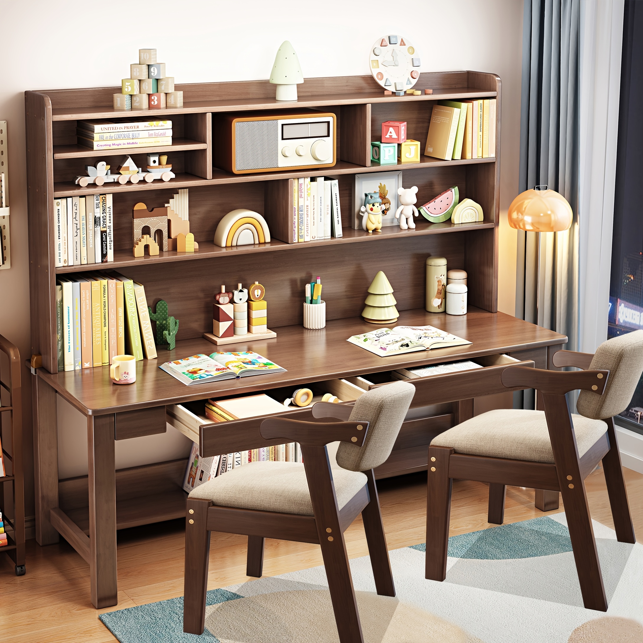 63 modern solid wood desk with built in bookshelf 2 chairs space saving writing desk shelf combo suitable for small apartments dorm rooms study desk assembly Product details 0