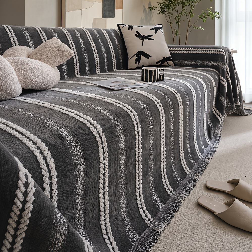 1pc High-GSM Wabi-Sabi Style Twisted Rope Texture Sofa Cover, Textured Full-Coverage Non-Slip Sofa Scarf, Cream-Style Furniture Protector