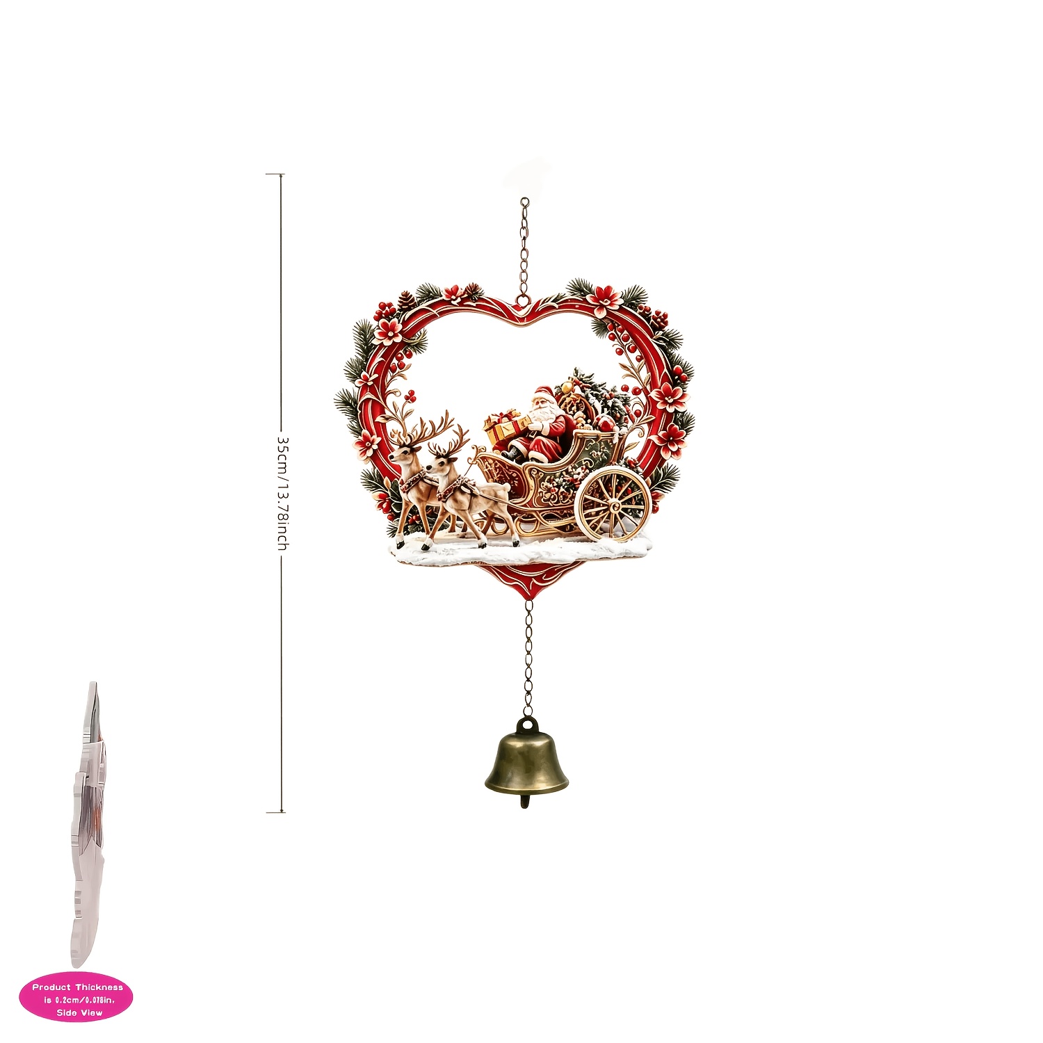 TEMU Christmas Wreath With Santa Claus, Reindeer & Sleigh Wind Chime Ornament - 2d Flat Acrylic Hanging Decoration Suitable For Doors, Windows,