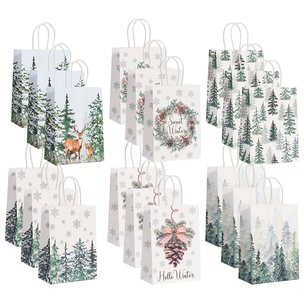 

30pcs White Christmas Gift Bags With Kraft Paper - Tree, & Pine Cone Designs For Birthday, Party Favors, Candy, And Shopping