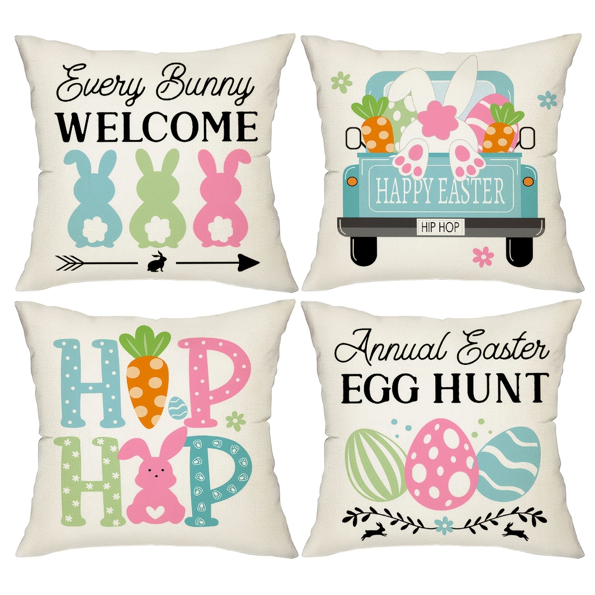 TEMU 4pcs, Cute Easter Pillow Covers, Bunny And Truck Eggs Decor Cushion Covers, Country Style Polyester Throw Pillowcases For Home Decor, Hand