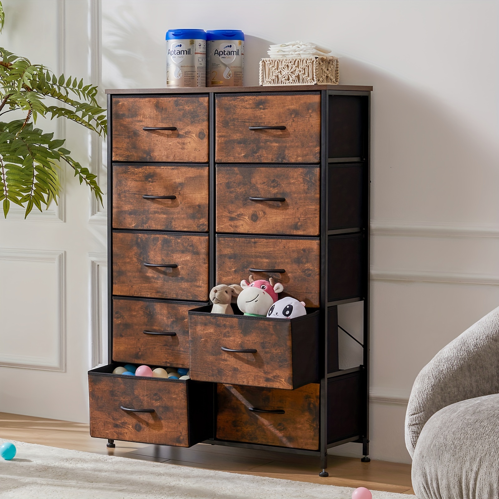 

10 Drawers Dresser For Bedroom, Drawer Organizer Storage Drawers, Fabric Storage Tower, Chest Of Drawers With Steel Frame, Wood Top For Nursery, Living Room, Closet, Rustic Brown