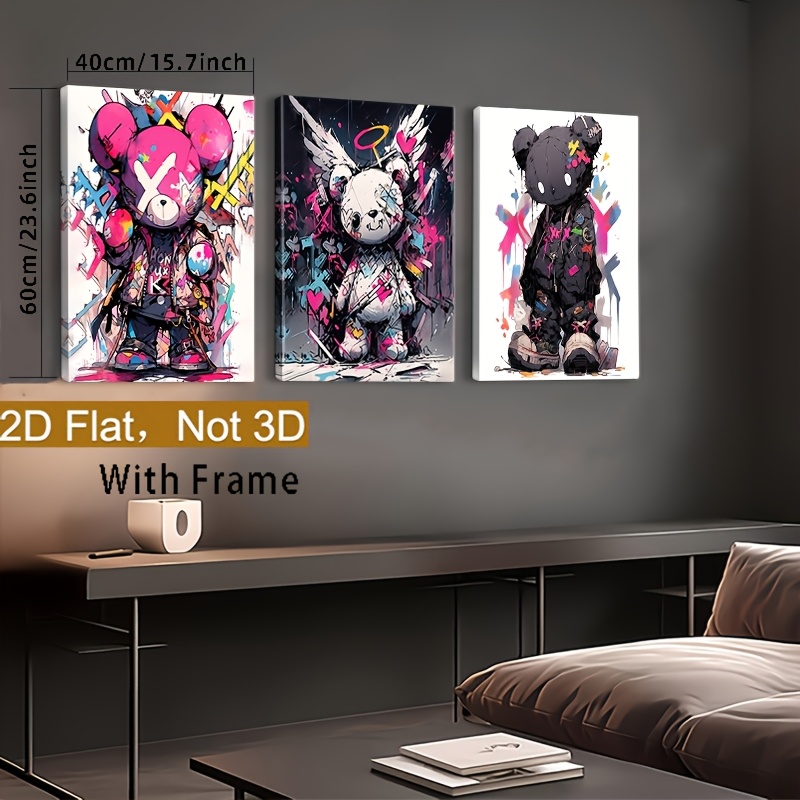 2D Flat Framed Decorative Wooden Frame Poster, Not 3D, 3pcs Set of Bear Graffiti Art Prints, Vibrant Streetwear Teddy Bears Canvas Wall Décor for Living Room, Bedroom, Office & More – Unique Modern Pop Art Design with Wooden Hanger