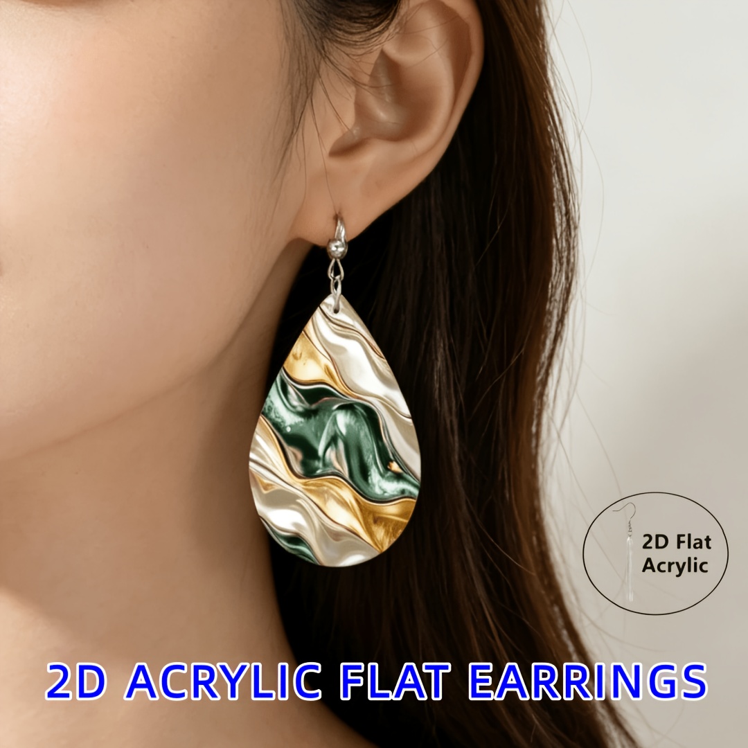 Women's 2D Flat Gilded Ink Green Water Drop Earrings