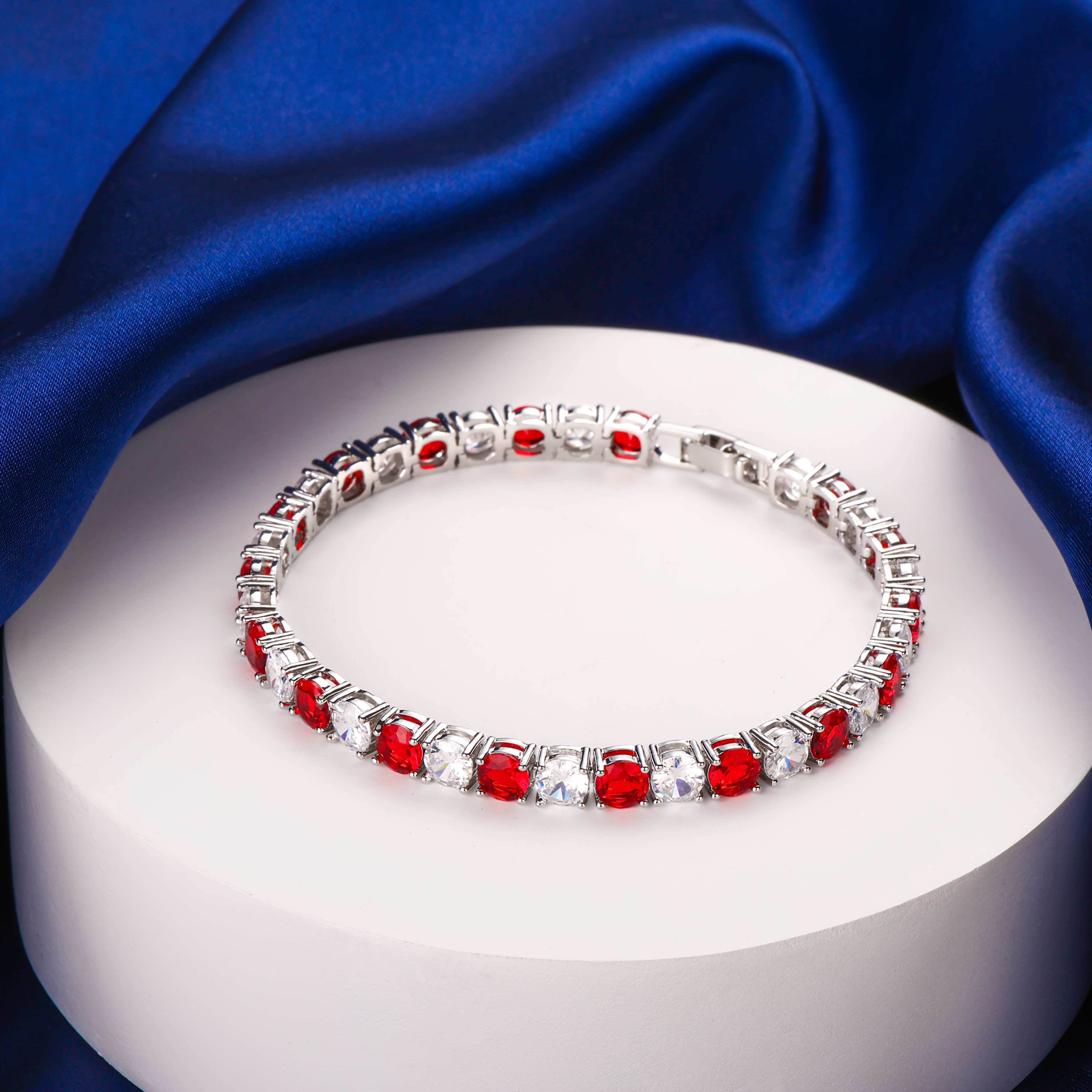 Image of 925 Silver Women's Fashion Bracelet Featuring Synthetic Gemstones, With Precision Cutting Technology And With Red Stones. The For Her On Occasions Like Birthdays, Christmas, Valentine's Day