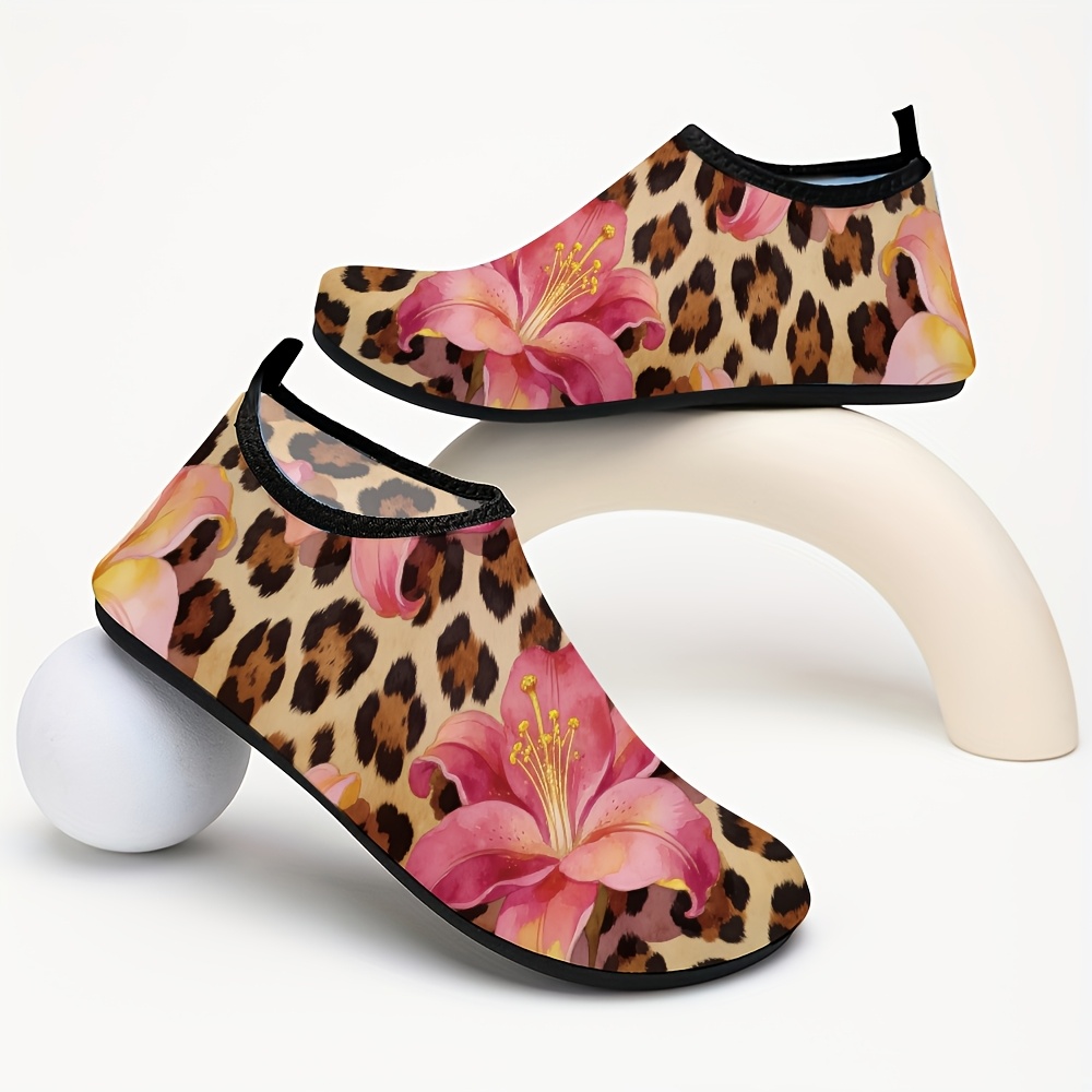 TEMU Trendy Leopard Print With Floral Pattern Slip-on Water Shoes For Men Women Beach Swimming Snorkeling And Outdoor Walking