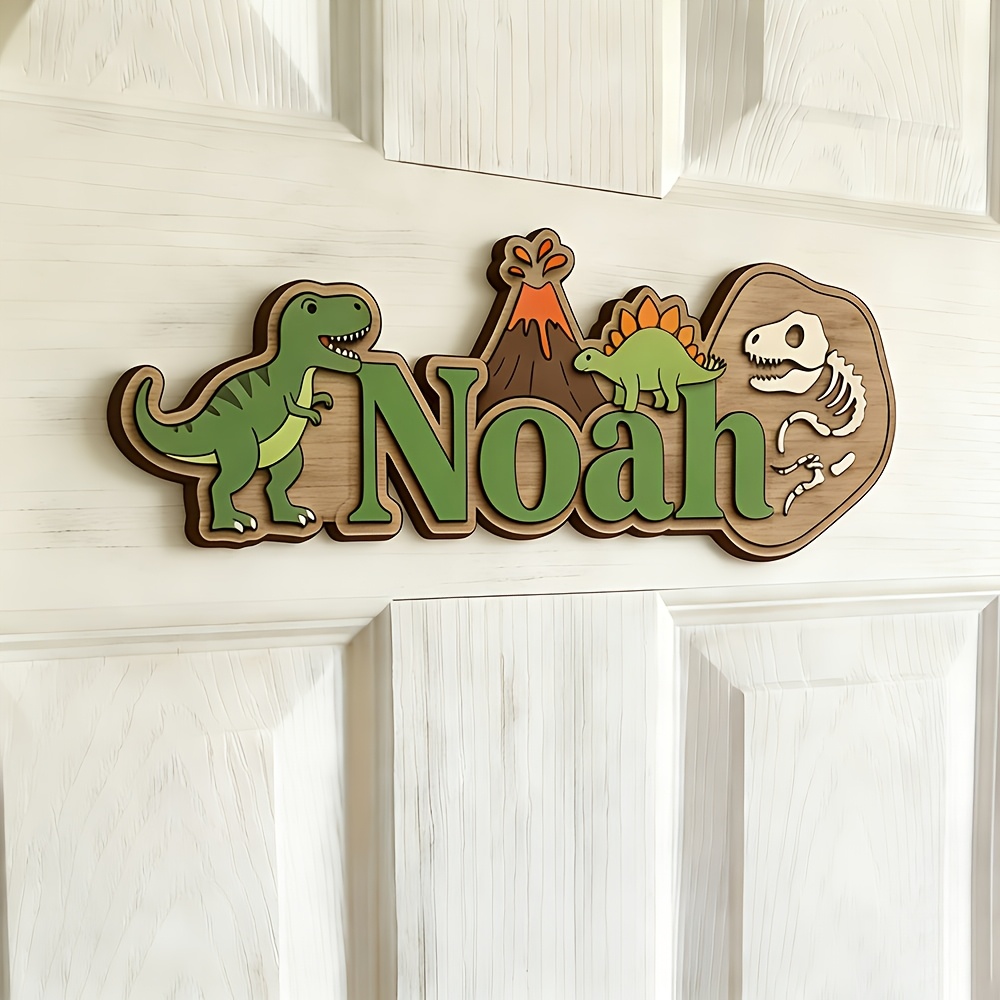 TEMU 2d Flat, 2d Single-layer 25cm/9.84 Inch Custom Dinosaur Prehistoric Theme Name Wooden Sign | Personalized Wall Decor | Laser Cut Uv Printed Log