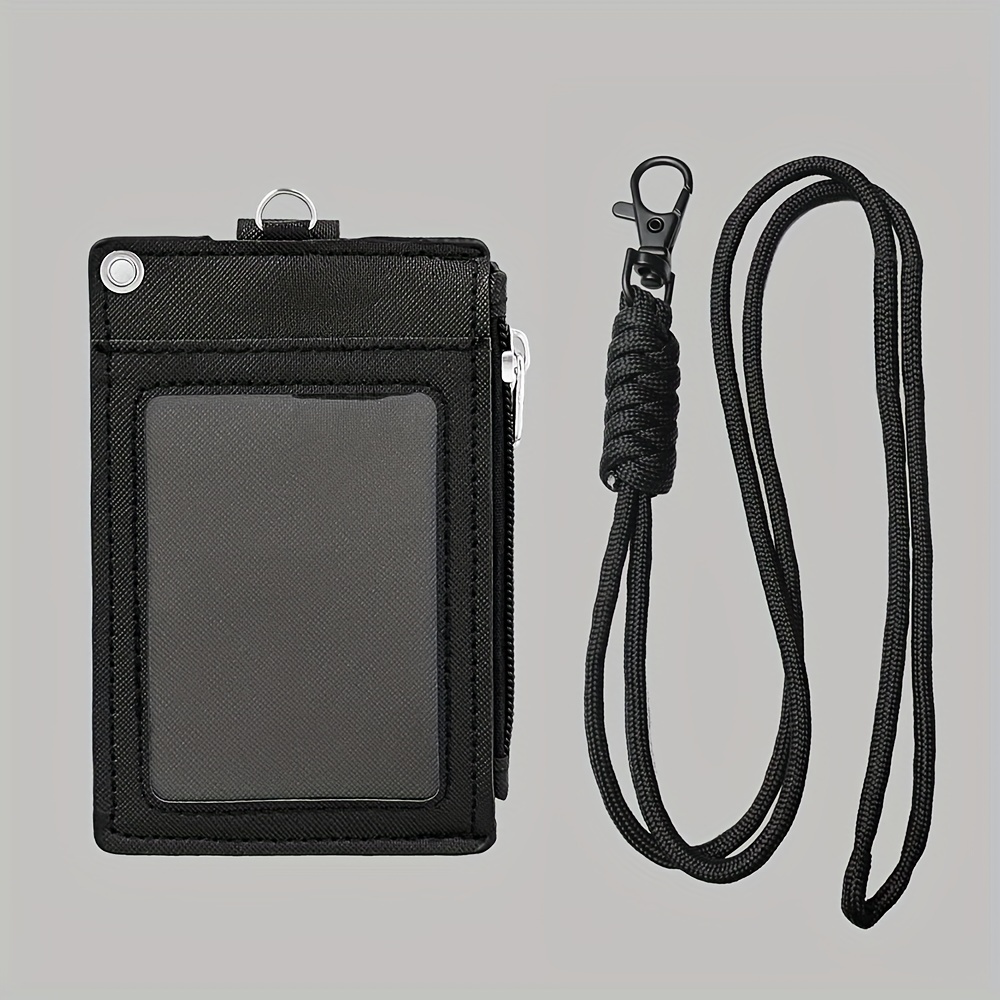 Image of Id Card Holder Zipper Pocket 2 Sided 5 Cards Slots Keychain Lanyard For Mens Bus Subway Card Pouch