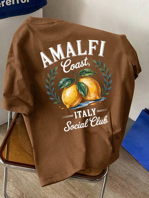 mens round neck short sleeve t shirt featuring amalfi italian lemon print vacation casual wear comfortable soft breathable and a summer essential