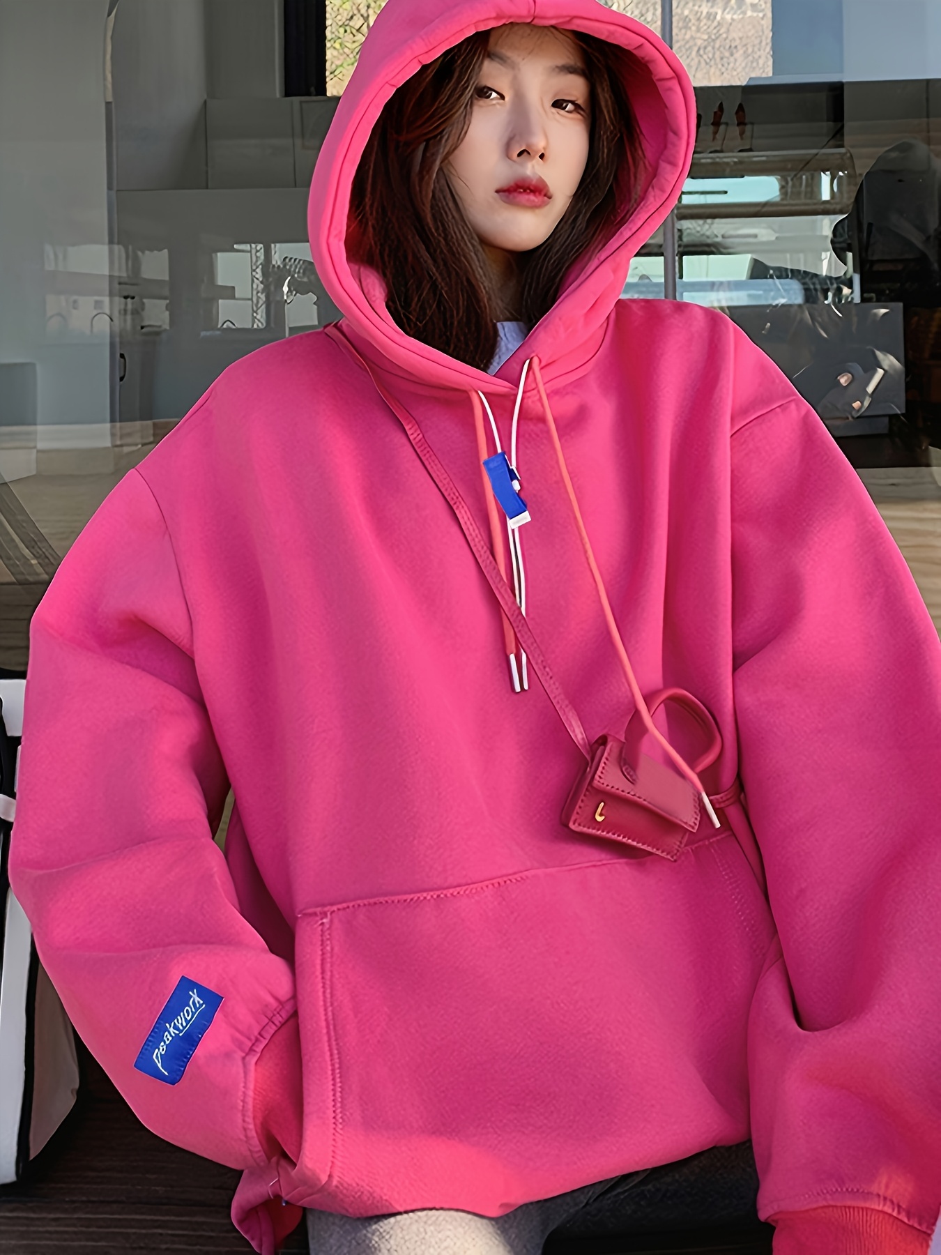 women' rose red hoodie 100% polyester knit fabric Temu United