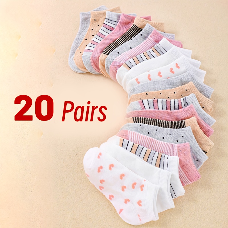 E-shop 20 Paar Jungen & Mädchen Socken - Weiche Streifen- & Herz-Print Knöchelsocken, Ganzjahres-Kurzsocken mit bunten Mustern (Horizontal/ Streifen &