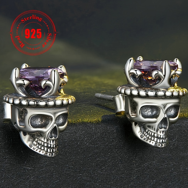 

2pc925 Pure Silver Total Weight About 3.3g Crown Skull Ear , Low Allergy Dark Gothic Style Halloween Party Ear Ornaments, Holiday Gift