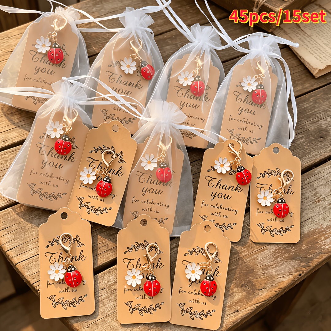 TEMU Gift For Her/him 45pcs/15set Ladybug With Small Flower Keychain Pendant, [15 Keychains   15 Cards   15 Gift Gauze Bags] Â· High--plated Â· Bright