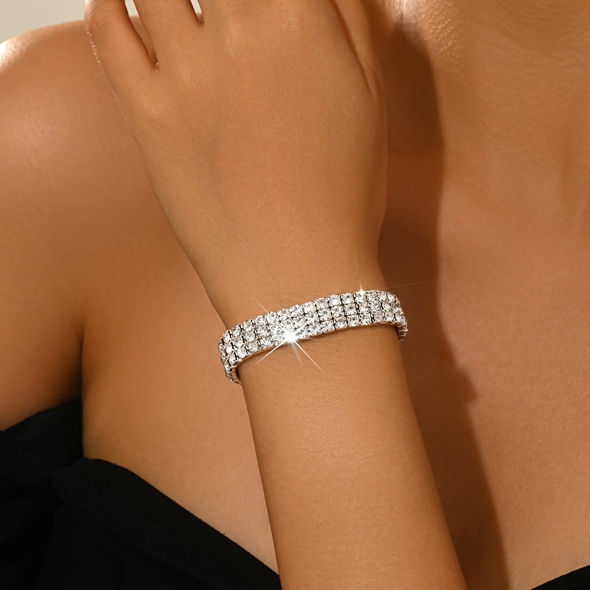 TEMU Fashionable, Elegant, And Sexy Three-row Elastic Rhinestone Bracelet, Sparkling Wristband, Bracelet, Suitable For Daily Wear And Perfect For