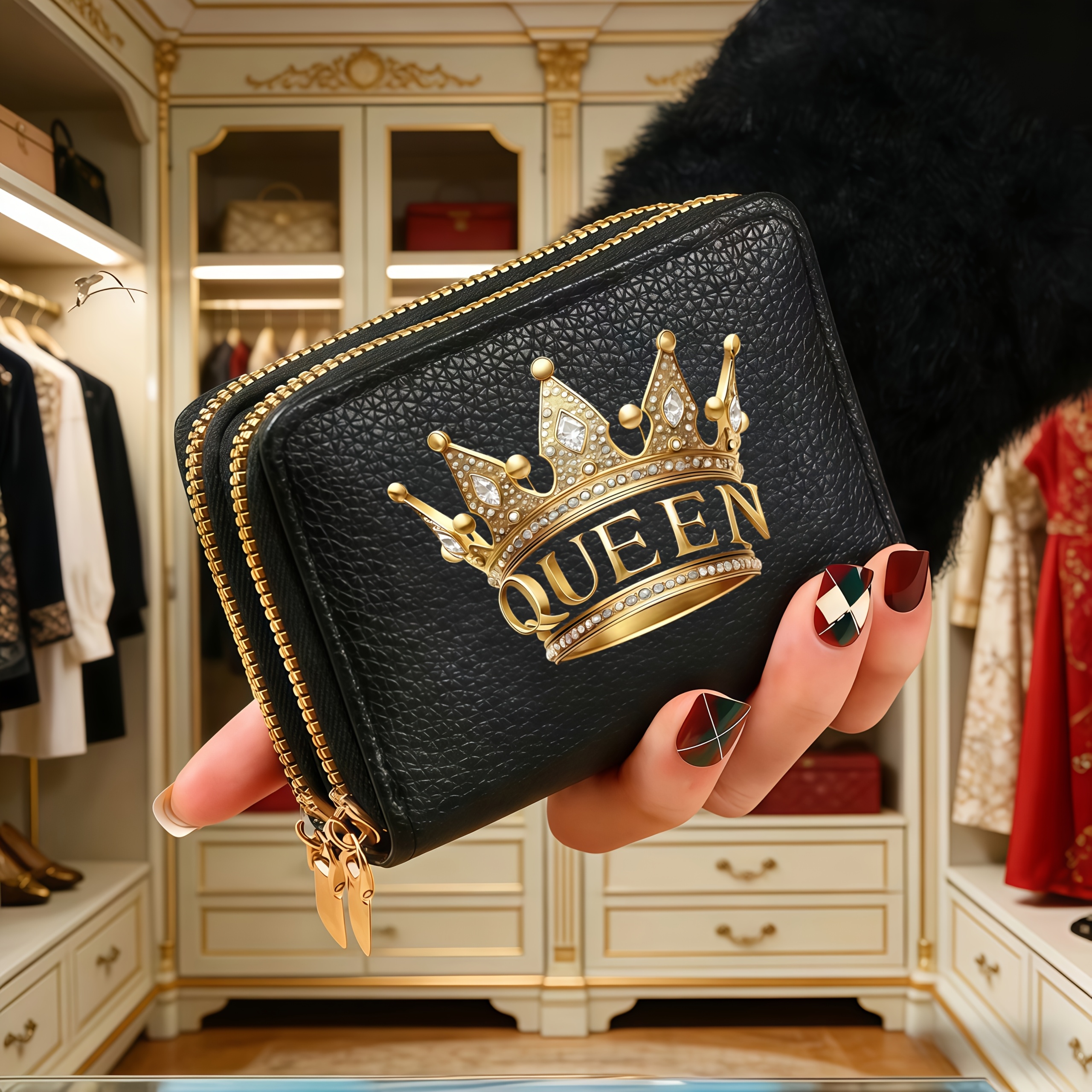 TEMU A Queen Wallet With A Crown, Made Of, Featuring Double Zippers And Ample Space With Multiple Card Slots, Making It An Excellent Holiday Gift For