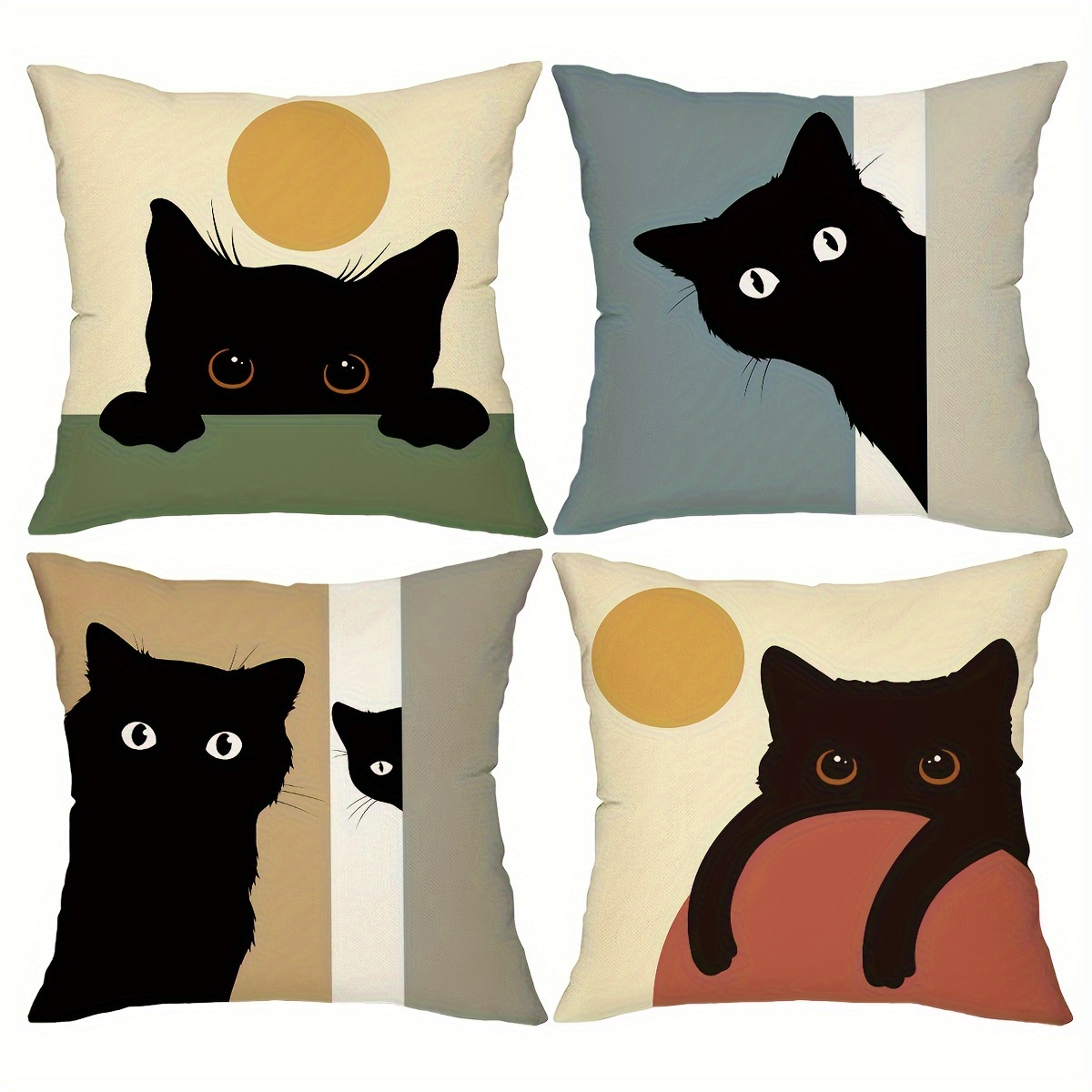 

4-pack Contemporary Cat Cartoon Decorative Throw Pillow Covers, Linen Blend Zippered Square Cushion Cases, Machine Washable, For Sofa Couch Bed Car, 18x18 Inch - Various Room Types