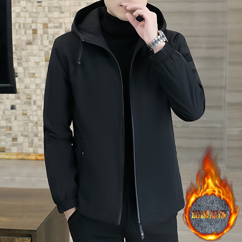 Chaqueta de polar para hombre, abrigo con cremallera resistente al viento para otoño, chaqueta con capucha casual, cálida y moderna, color sólido