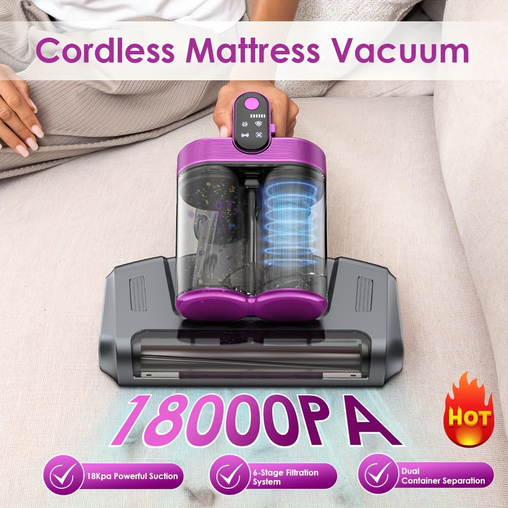 TEMU Cordless Mattress Vacuum Cleaner, Bed Vacuum Cleaner With 18kpa Suction 253.7nm Uv- & 80000rpm Rotation Ultrasonic Tech Double-cup, Portable Handheld Vacuum For Bed/fabric Sofa/carpet Cleaning