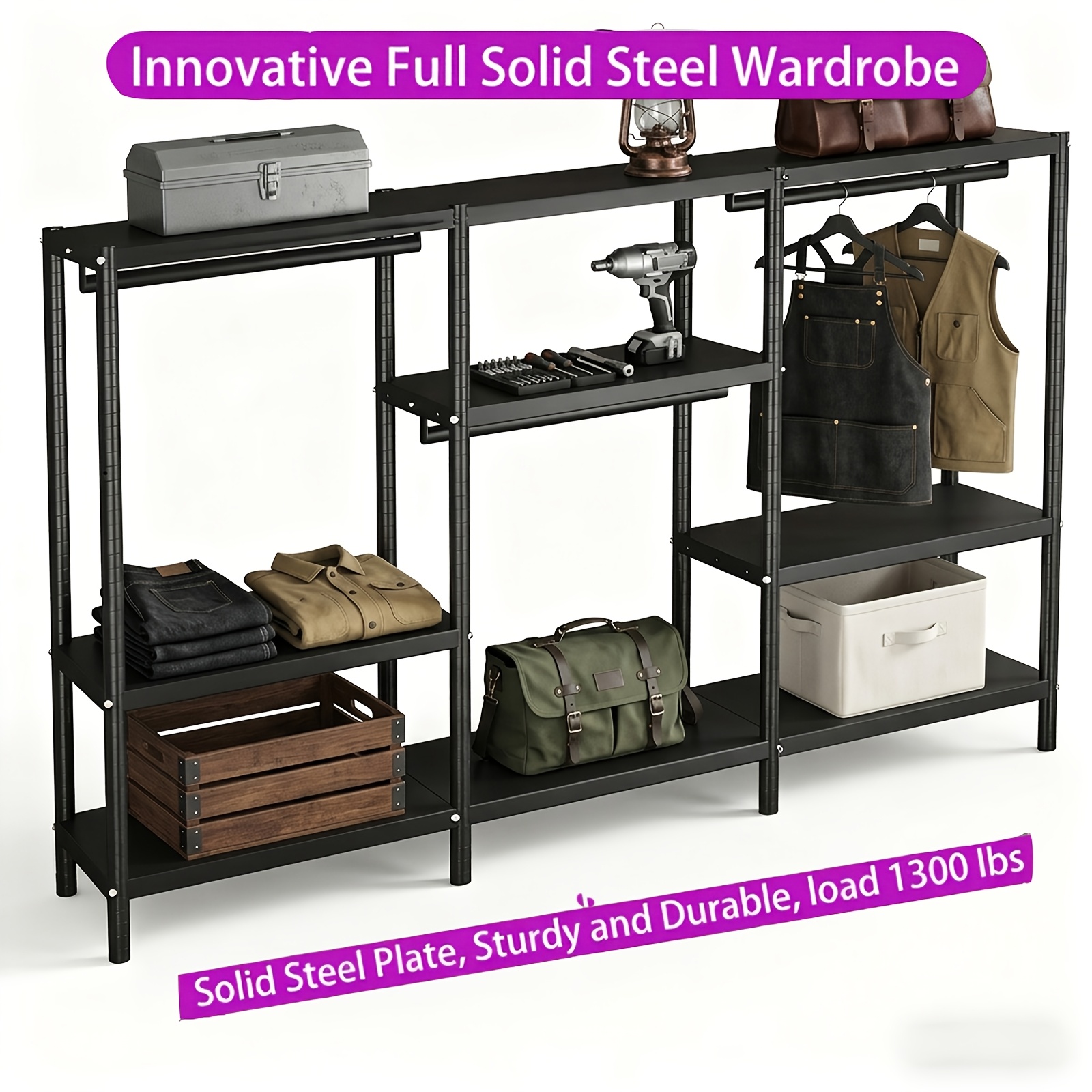 Massive Capacity Wardrobe Closet With 9 Plates 1300 Lbs Load Bearing Strength Heavy Duty Freestanding Organizer For Basement Garage Storage