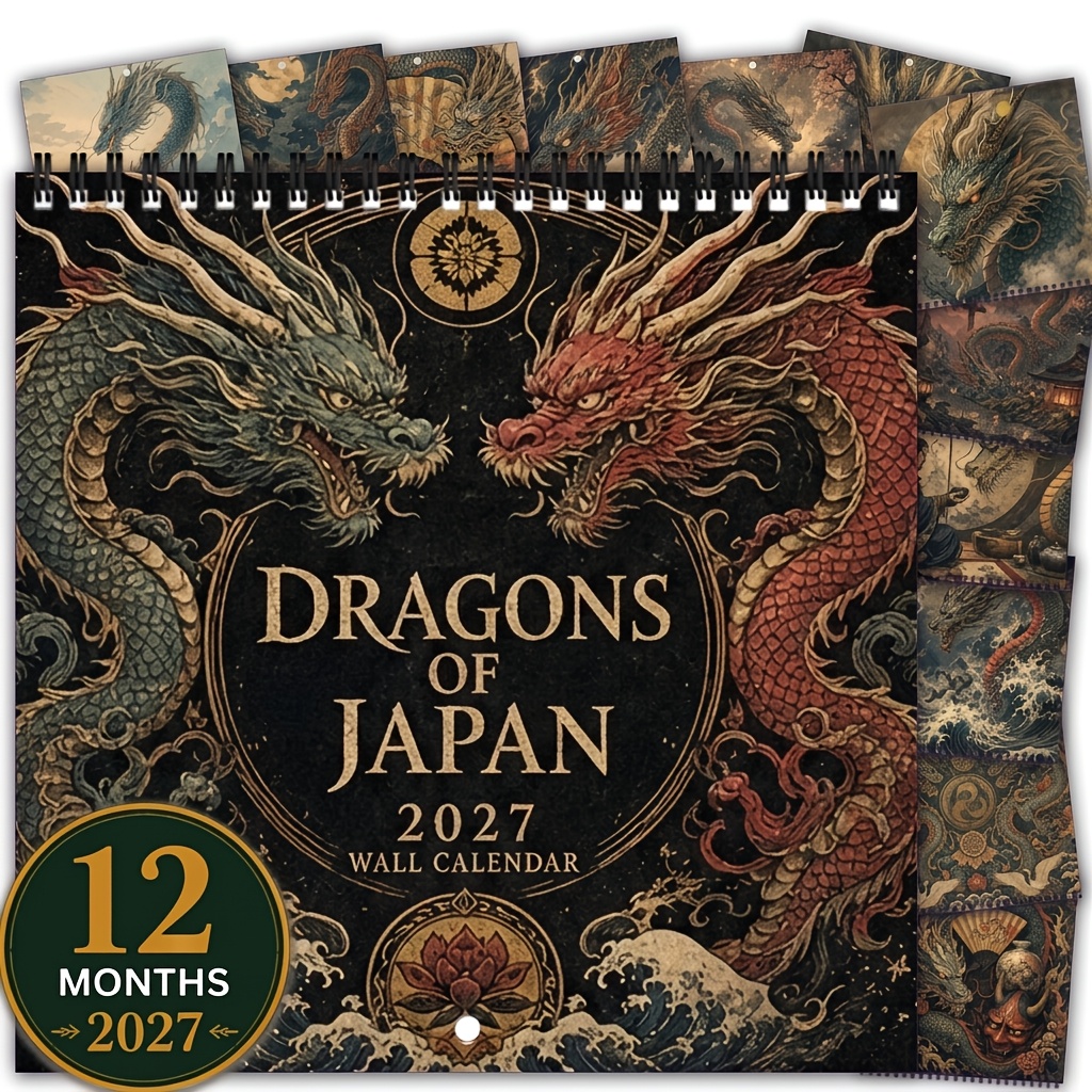 TEMU 1pc 2027 Dragon Year Calendar - 12-month Spiral Bound Hanging Calendar, Double Coil Binding, Mythical Dragon Pattern Art, Suitable For Home