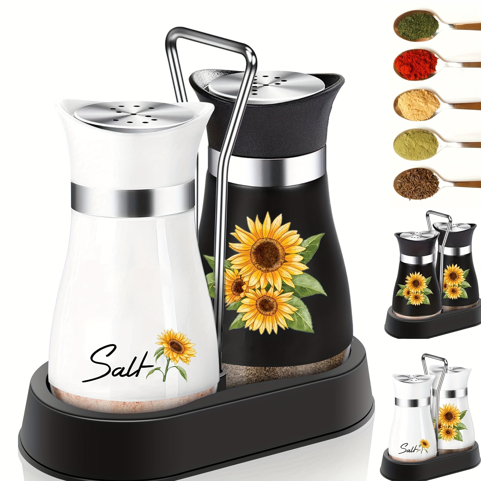 

Sunflower Pattern Glass Salt And Pepper Shaker Set With Stainless Steel Stand - 5oz Easy-refill Dispensers, 1 Set/2 Packs, Modern Kitchen Decor