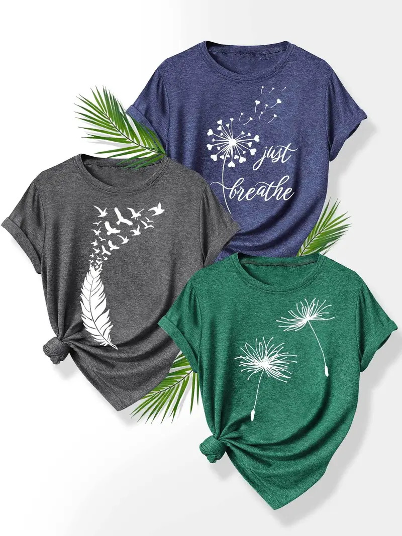 3pcs set floral print t shirts for women dandelion rose and casual summer short sleeve crew neck tees soft polyester blend sizes s xxl casual attire casual summer wear floral print stretchy fabric Product details 0