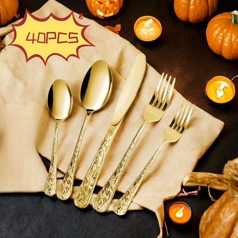 

40-piece Vintage Carved Golden Silverware Set For 8, Stainless Steel Flatware Set With Knife/fork/spoon, Cutlery Set For Home And Kitchen, Utensil Set With Dishwasher Safe