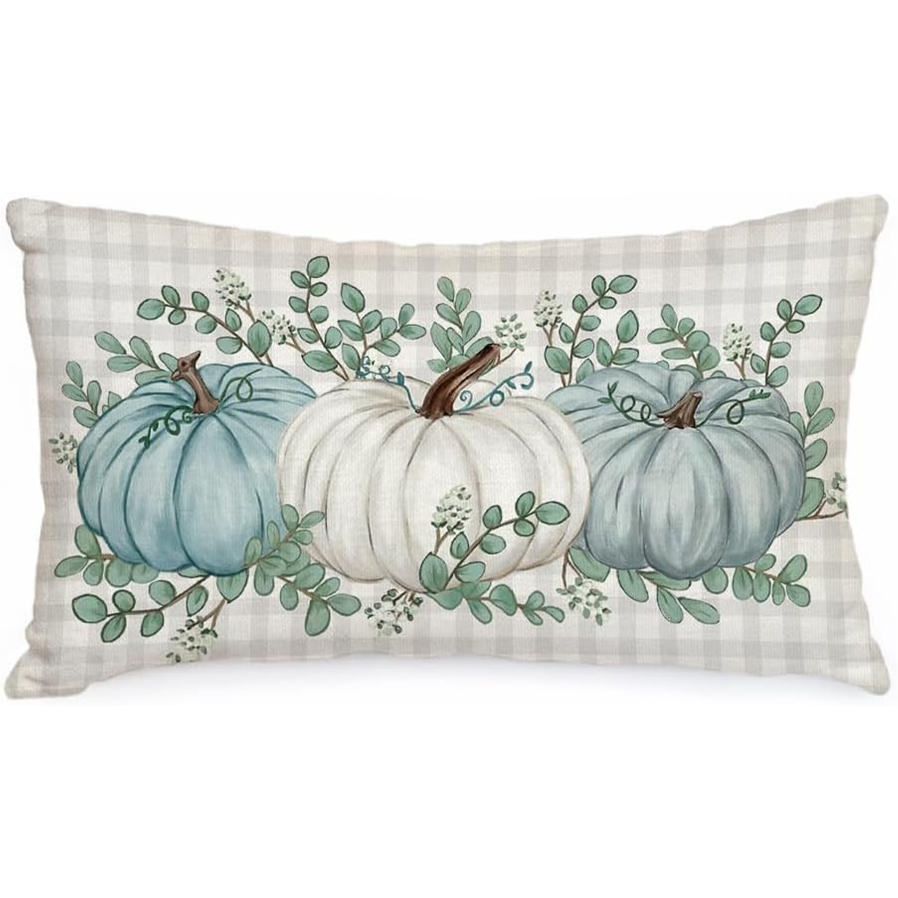 

1pc, Contemporary Style Autumn Pillow Cover, Buffalo Pumpkin Eucalyptus Leaf Design, Farmhouse Sofa Cushion Case, Blue, Machine Washable, Zipper Closure, Polyester, Multiple Sizes, Woven Fabric