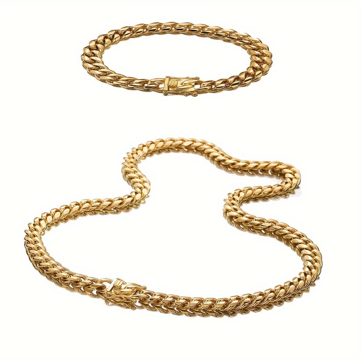 

2 Pieces Mens Stainless Steel Golden Cuban Chain Fashion Bracelet Necklace Jewelry Set