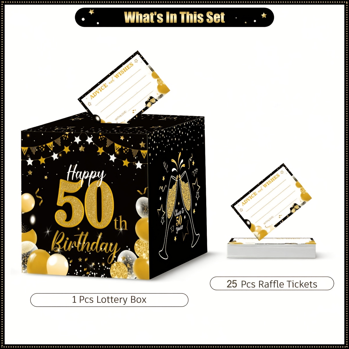 TEMU Boîte à cartes 26 pièces (1 boîte avec 25 cartes), Boîte à tirage au sort sur le thème noir et doré pour 50e anniversaire, Décoration pour fêtes