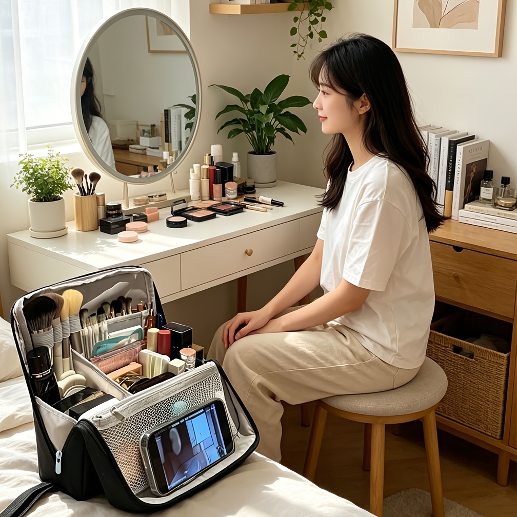 TEMU 【縦型】コスメティックバッグ、雲のような柔らかい素材、多機能、大容量（仕切り付き）、文房具、バスルーム、コスメに最適、ポータブル収納バッグ