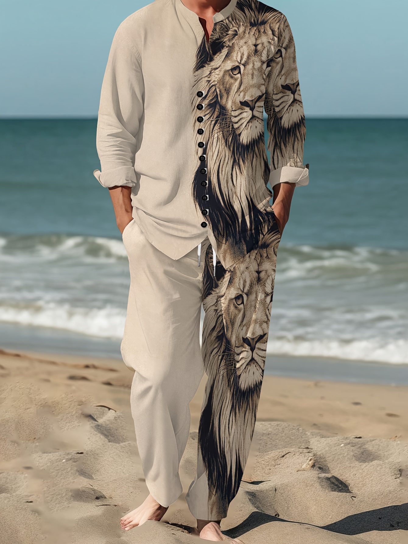 Men'S Fashion Print Suit, Two-Piece Set, Casual Lion Pattern Print Outfit for Parties, Evening Wear, Daily Festivals, Home Use, Four Seasons Stand Collar Leisure Suit