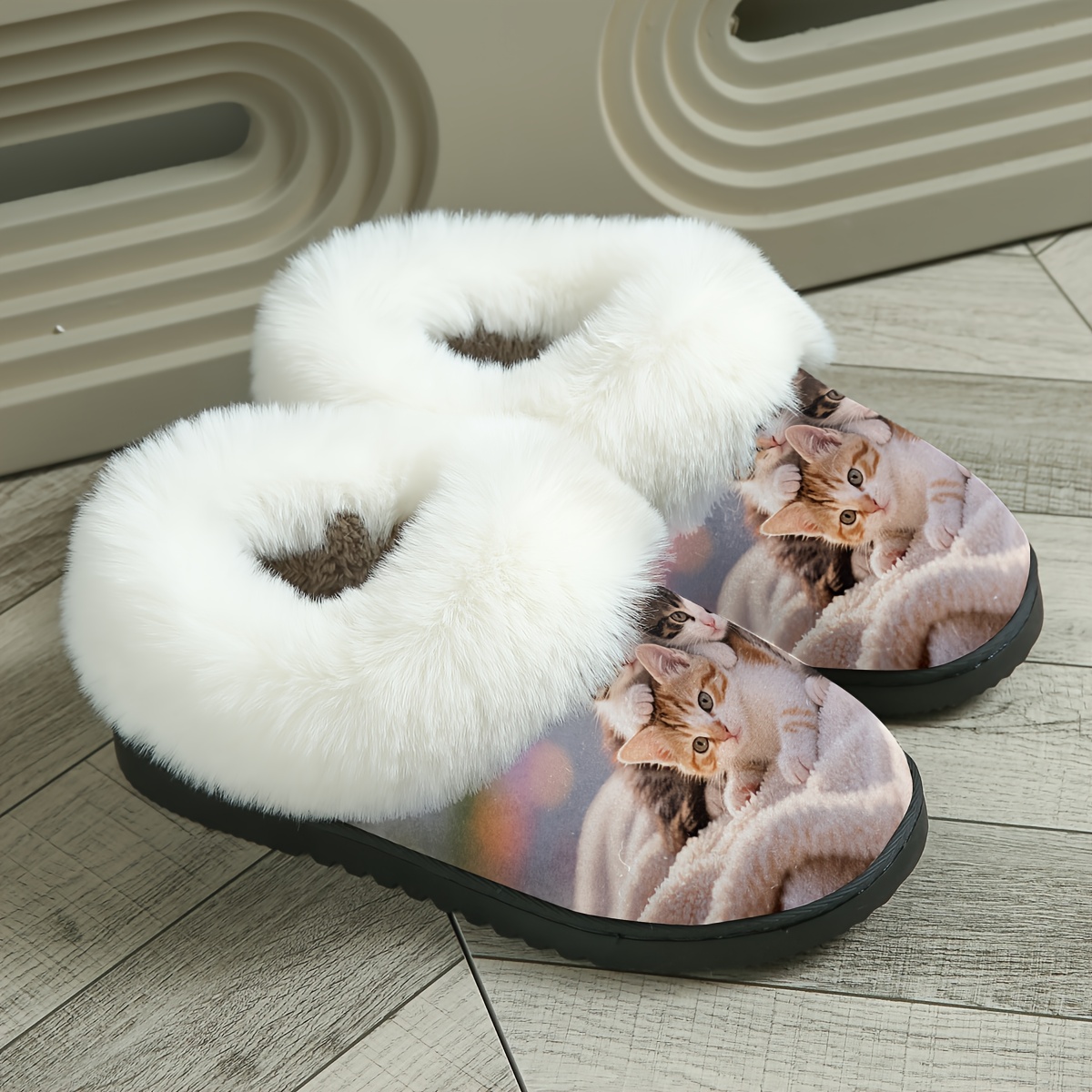 Dames Pluche Winter Pantoffels met Schattig Kitten & Pootafdruk Design - Knusse Fleece Gevoerde Slip-On Huis Schoenen, Machinewasbare Zachte Stof Bovenkant & TPR Zool, Perfect Cadeau Voor Huisdierliefhebbers, Halloween & Kerst, Leuke Pantoffels, Binnenshuis Schoenen