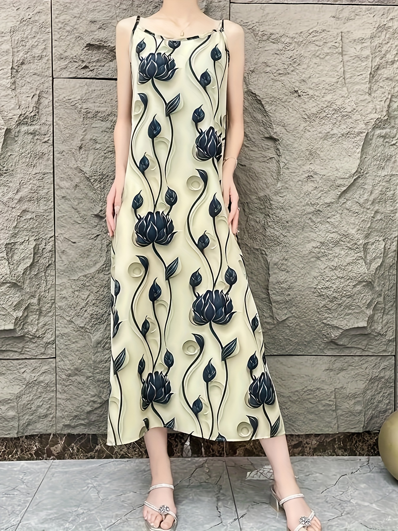 lotus printed chic sleeveless maxi dress women - Temu