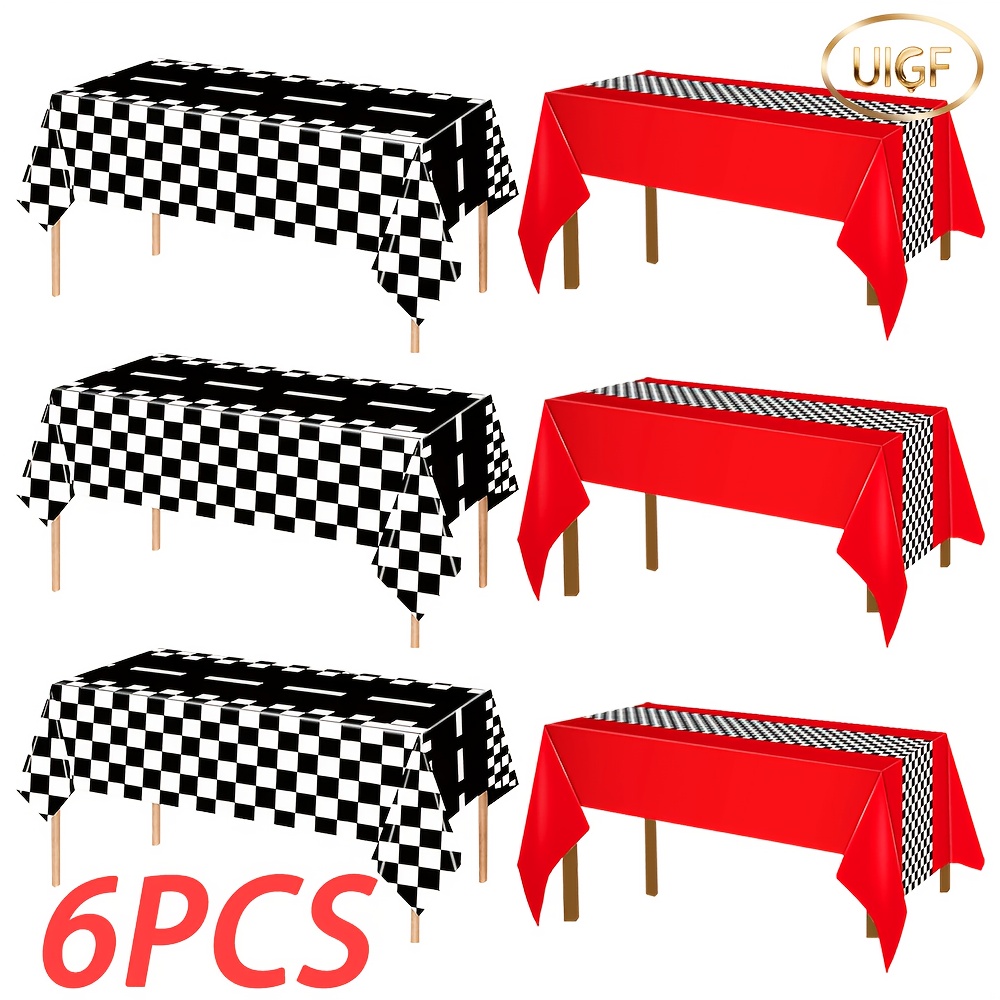 TEMU Uigf-6pcs Set Black And Black And White Checkered Square Racing Party Tablecloth, 54 X 108 Inches Black And White Striped Racing Theme Party