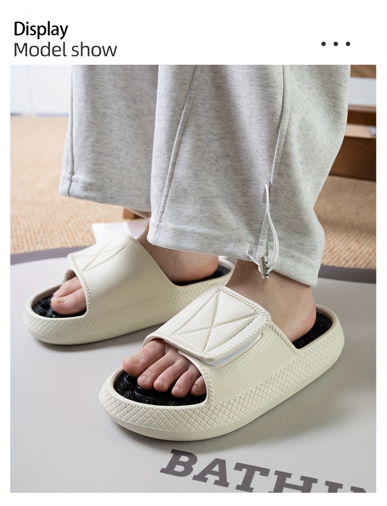 mens   slides non slip thick   beach sandals casual eva upper pvc insole beige white with black accents   indoor outdoor relaxation everyday slippers textured strap design eva construction summer sandals Product details 1
