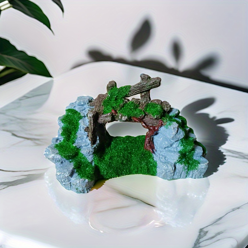 

1pc Aquarium Decoration Moss-covered Rockery Bridge, Resin Basking Ruins Landscape, Turtle Tank Decor, Fish Shrimp Shelter